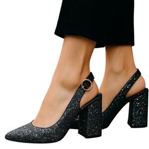 Shelly's London Women's Chester Slingback Glitter Block Heel Pumps Size‎ 6.5